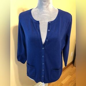 Talbots, LP, cute three-quarter sleeve cardigan in blue.